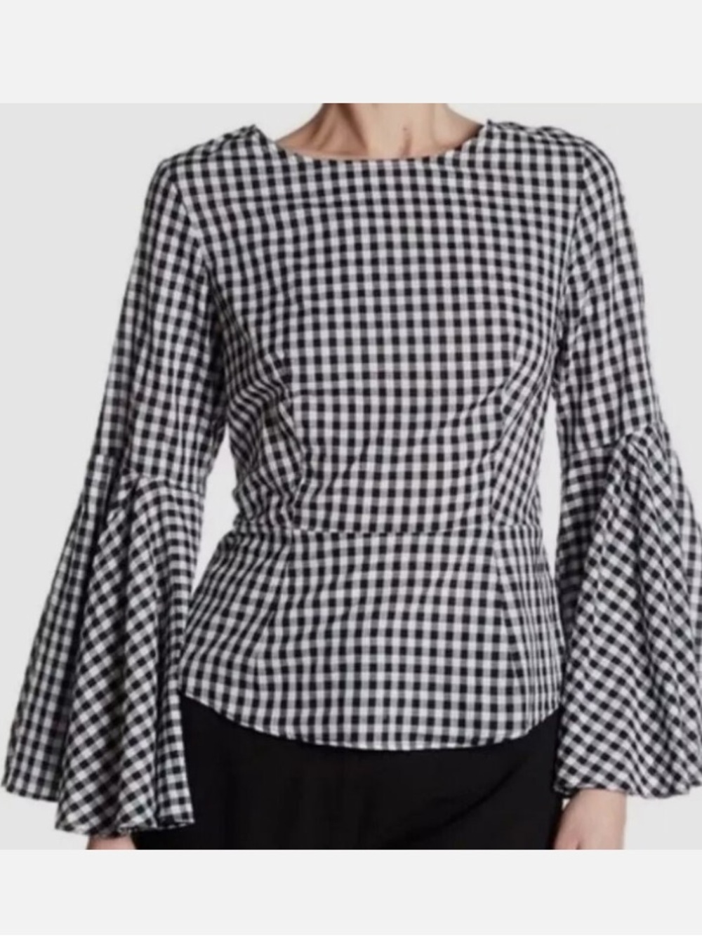 Black & White Gingham Bell-Sleeve Women's Top L